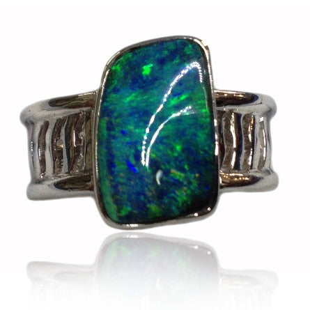 Green Solid Opal White Gold Ring