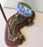 Green  Violet Boulder Opal with Bronze Buff Breasted Kingfisher on Bull Rush
