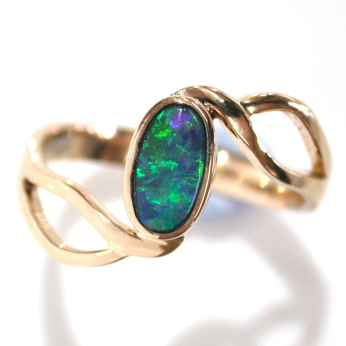 Green , green and blue solid boulder opal from Quilpie , 9k Ring