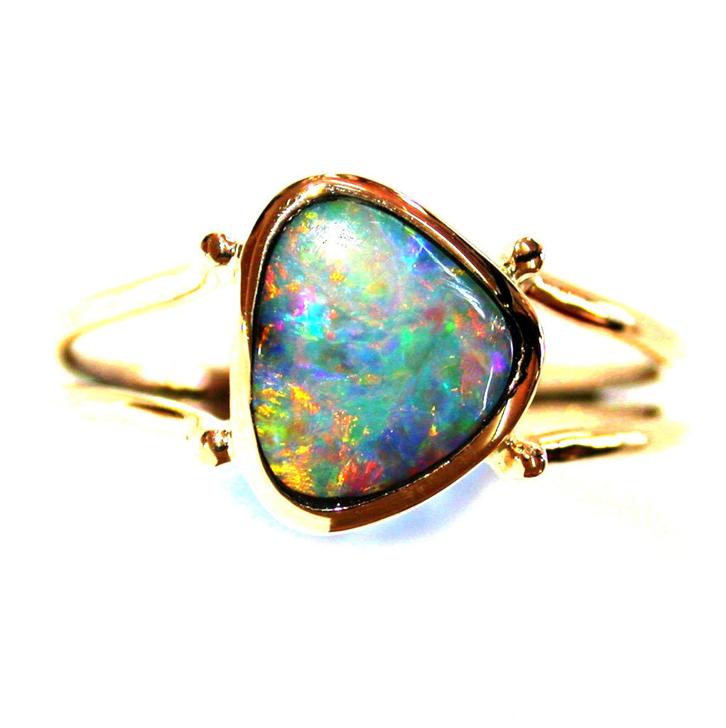 Orange , blue multi coloured solid boulder opal from Quilpie , 9k Ring