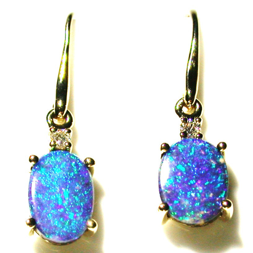 Very bright green, blue coloured solid boulder opals from Quilpie 9k drop earrings