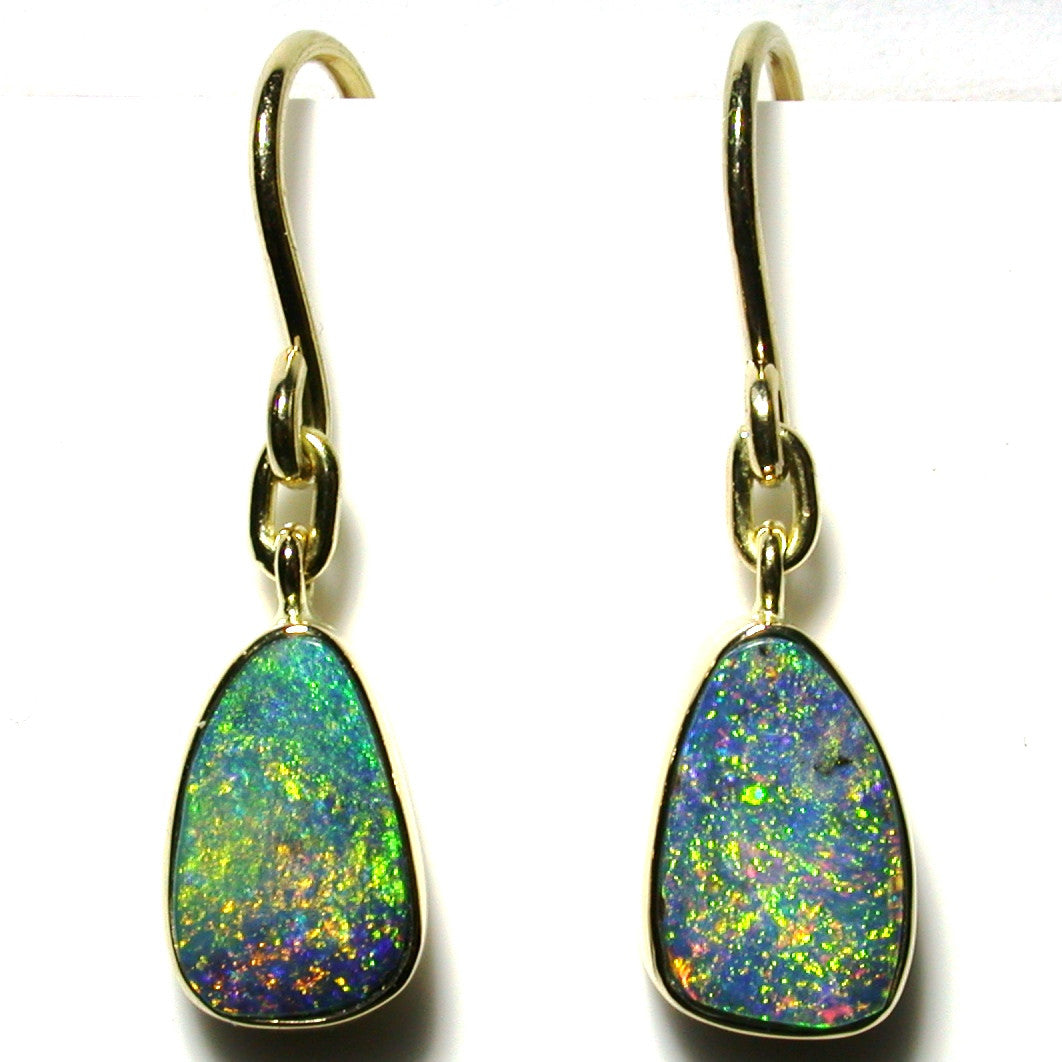 Green multi coloured boulder opal from Quilpie 18k drop earrings