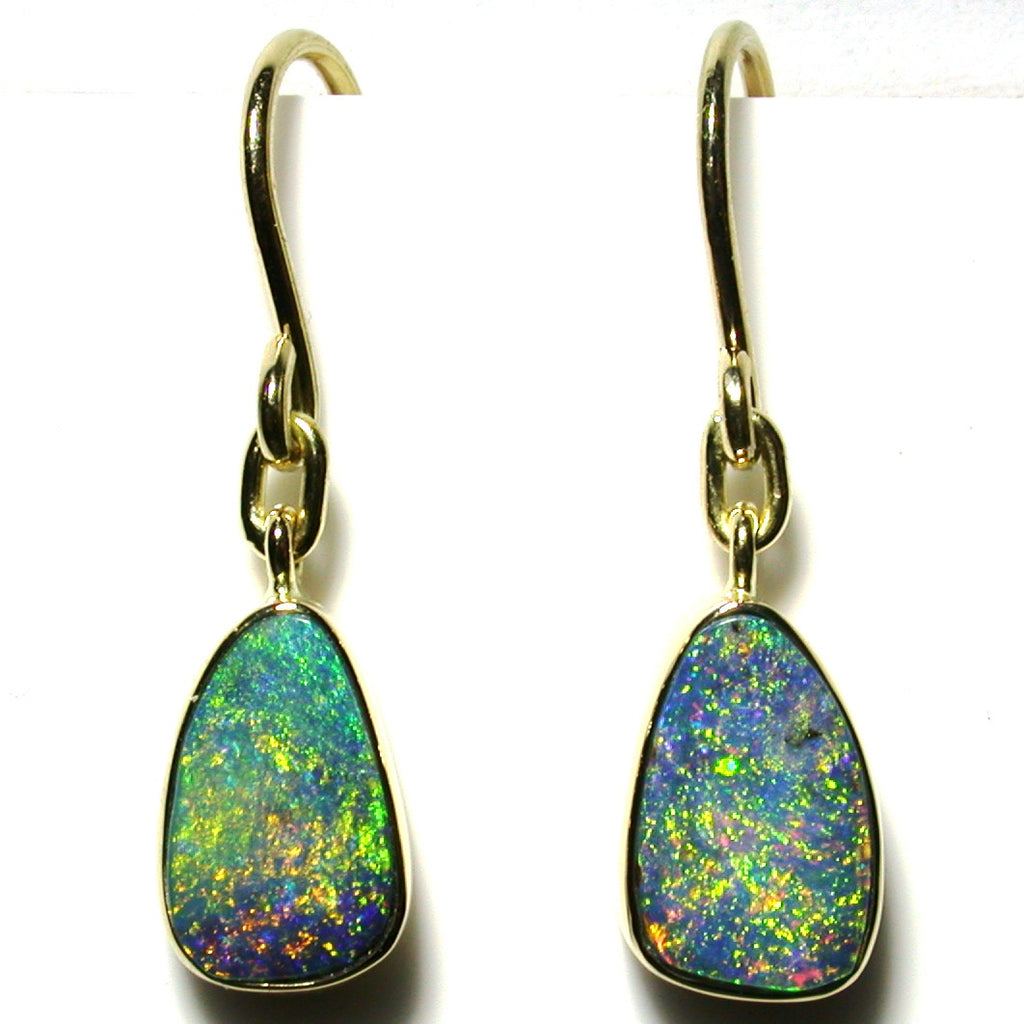 Green multi coloured boulder opal from Quilpie 18k drop earrings