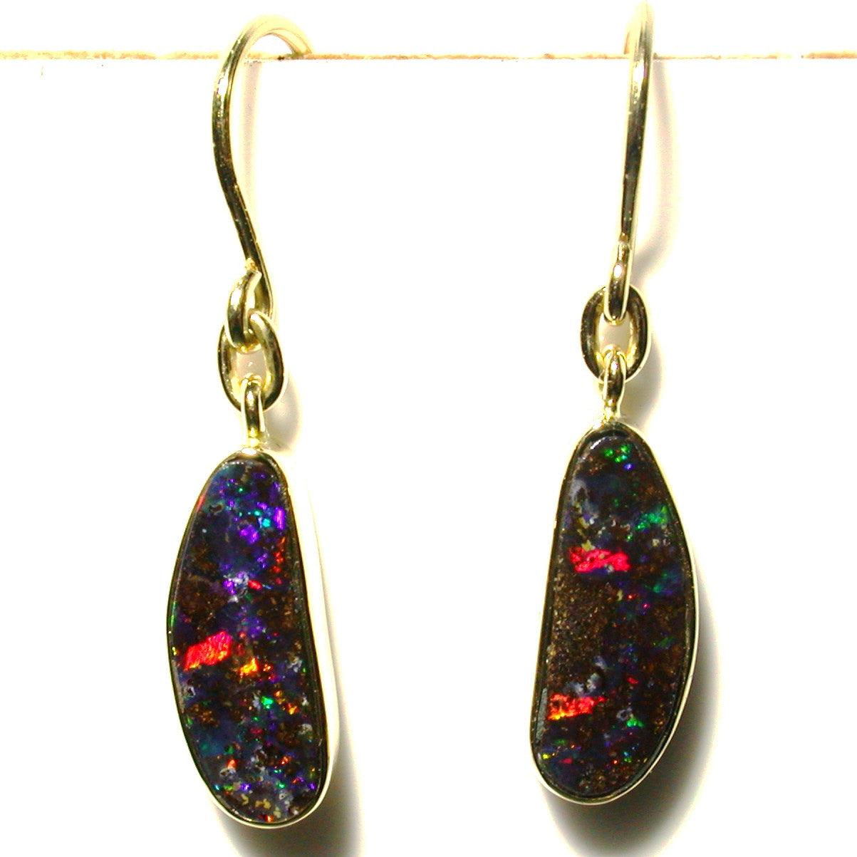 Red multi coloured boulder opal from Quilpie 18k drop earrings