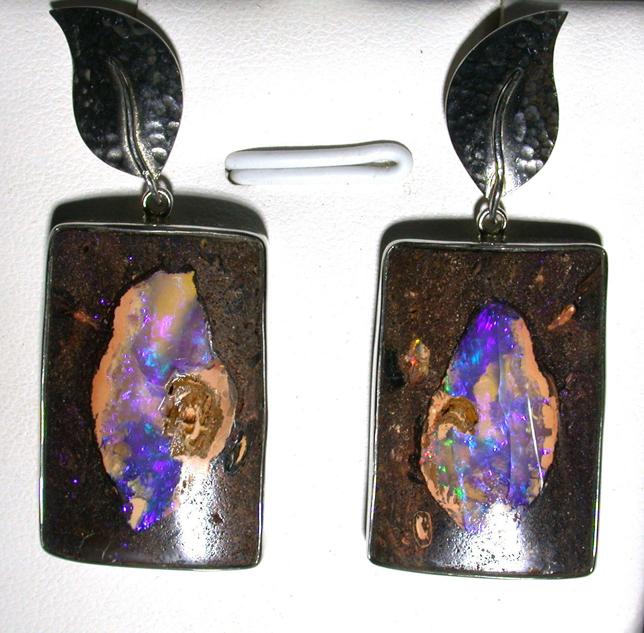 Violet wood pipes solid boulder opal drop earrings