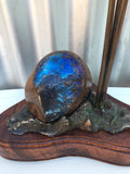 Deep Blue / Green Boulder Opal with Bronze Wren in Bull Rushes