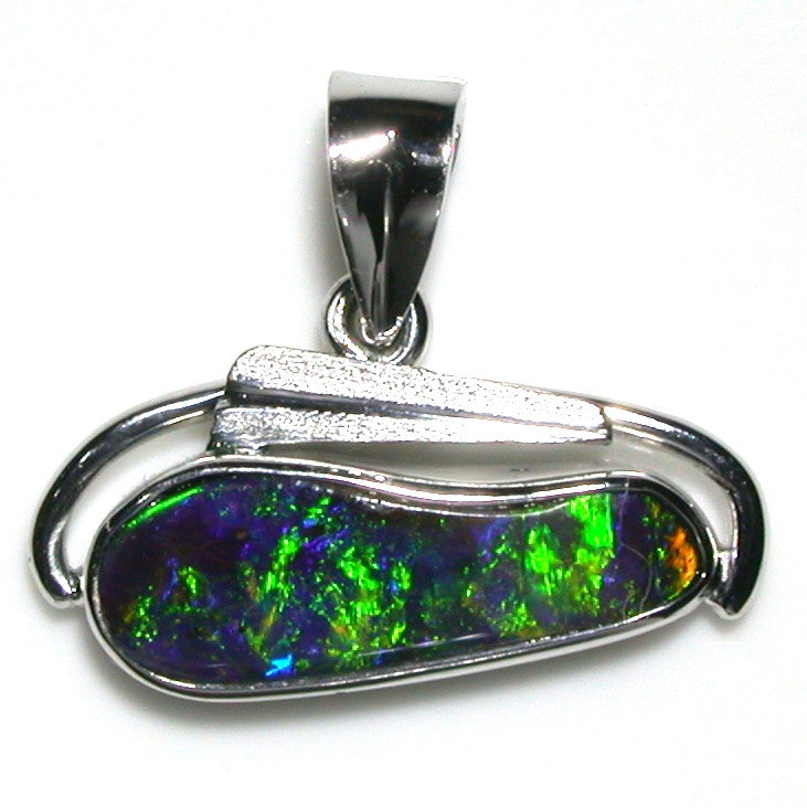 Vivid green and blue solid boulder opal pendant in 18K white gold