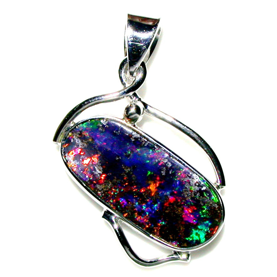 Green, orange, red and blue solid boulder opal pendant in 18K white gold