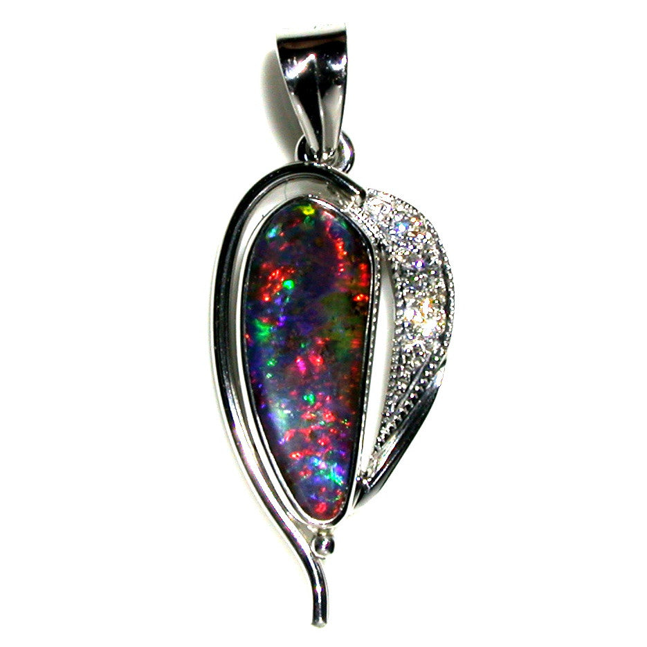 Bright red multi coloured solid boulder opal pendant in 18K white gold