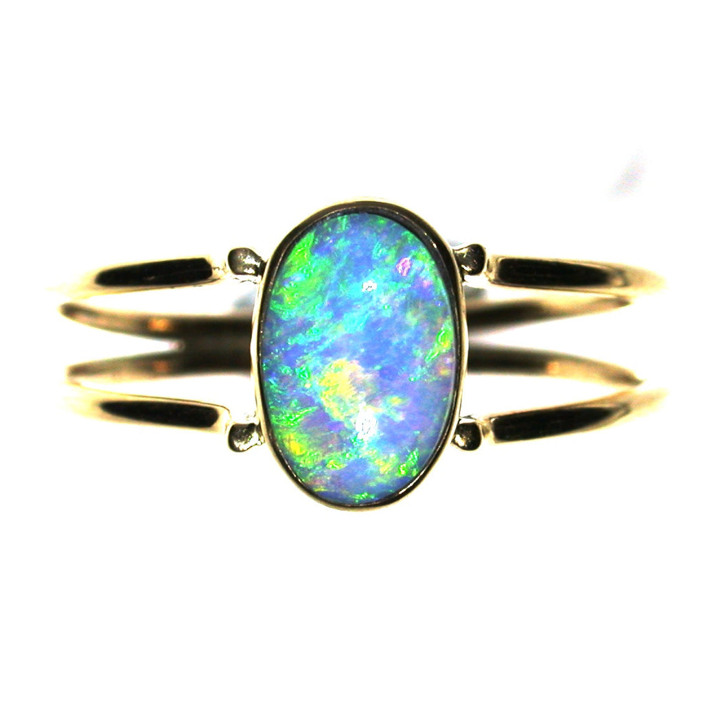 Green crystal solid boulder opal ring