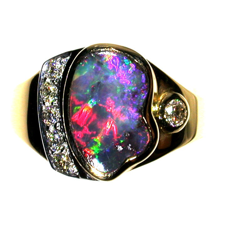 Hot pink multi coloured solid boulder opal from Quilpie , 18K Ring
