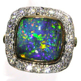 Green, gold, blue and orange solid black boulder opal from Quilpie , 18K Ring