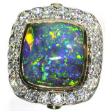 Green, gold, blue and orange solid black boulder opal from Quilpie , 18K Ring