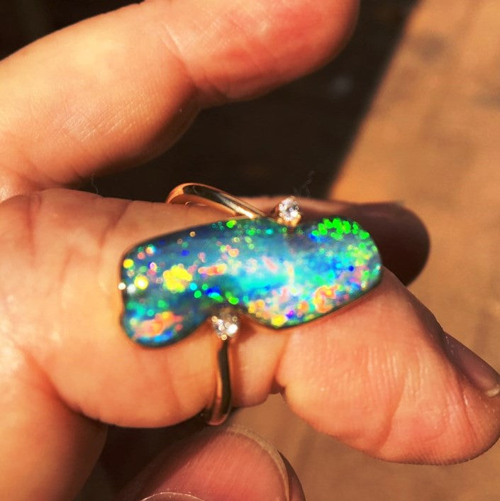 Bright Green multi coloured solid boulder opal from Quilpie , 18k Ring