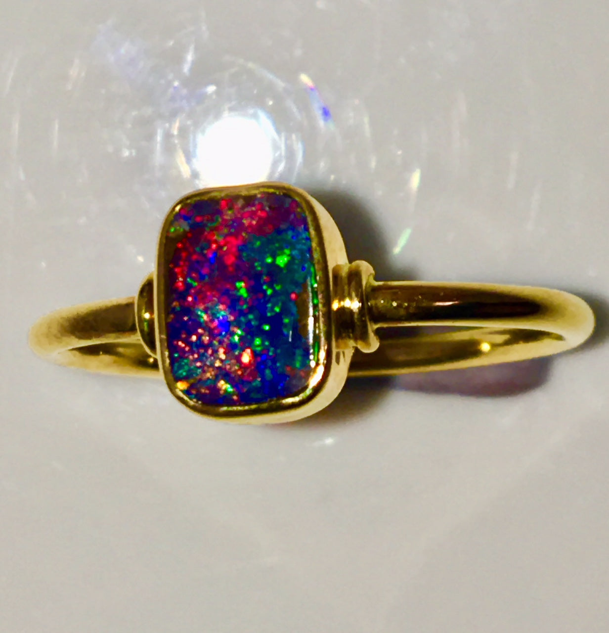 Red Multi Coloured solid  boulder opal from Quilpie , 18K Ring