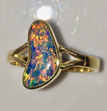 Gold Multi Coloured solid  boulder opal from Quilpie , 18K Ring
