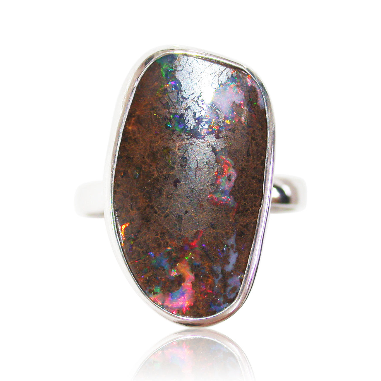 Red multi coloured matrix opal sterling silver ring