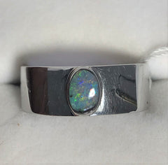 Green Pink solid boulder opal sterling silver ring