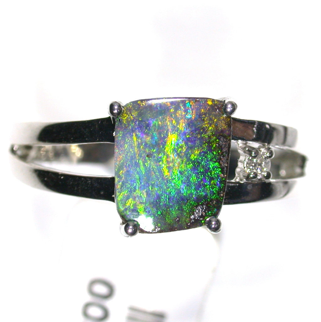 Green, multi coloured solid boulder opal from Quilpie , Sterling silver  Ring