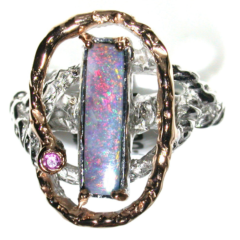 Pink and green Solid boulder opal from Quilpie , Sterling silver  Ring
