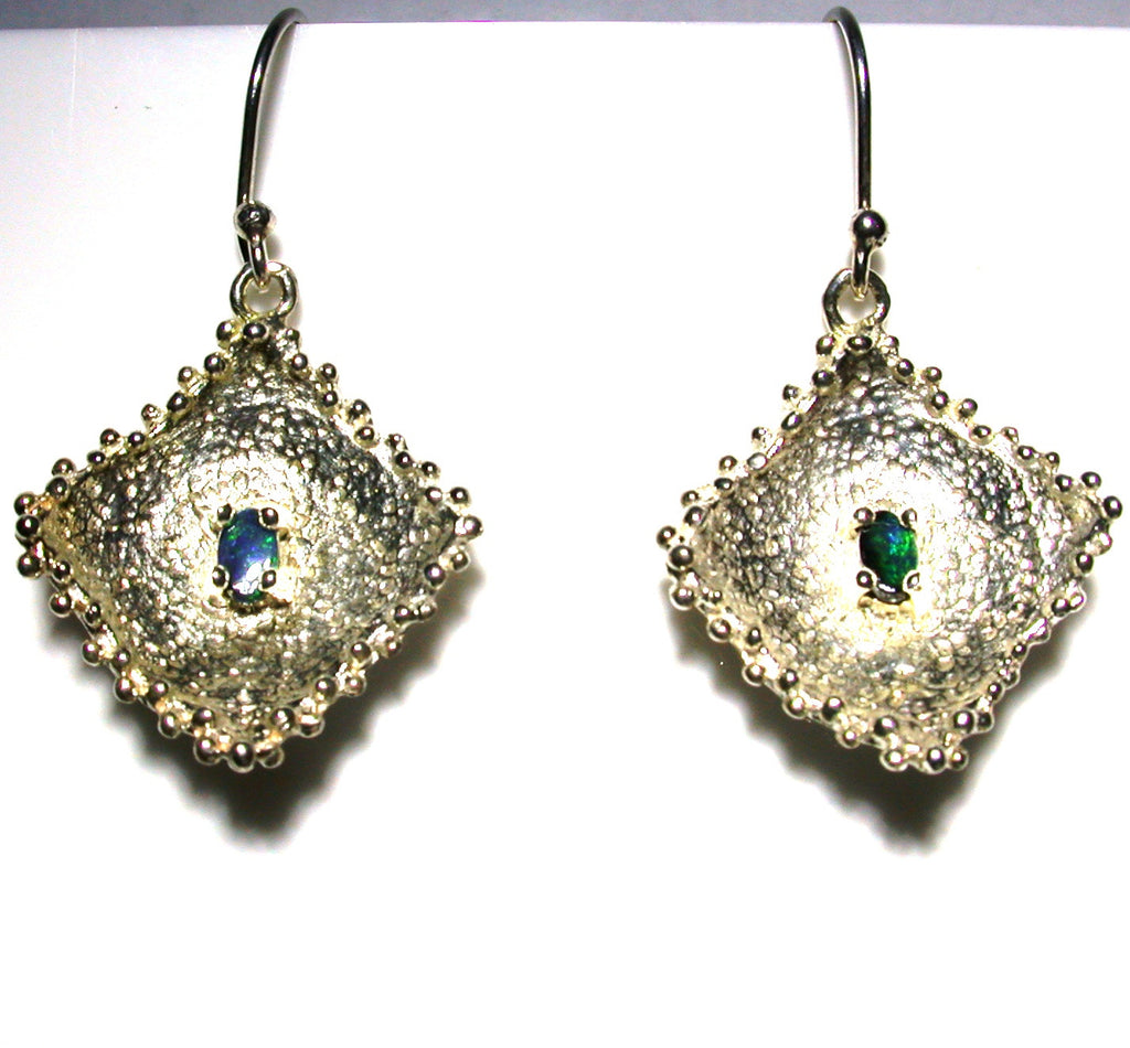Green solid boulder opals set in sterling silver drop earrings