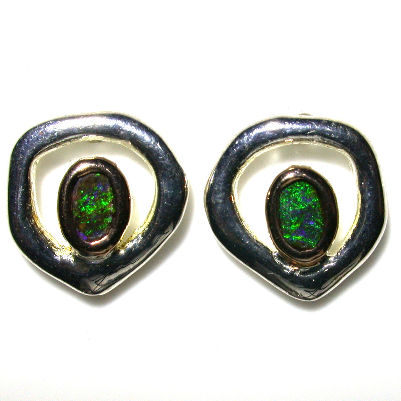 Green solid boulder opals set in sterling silver stud earrings