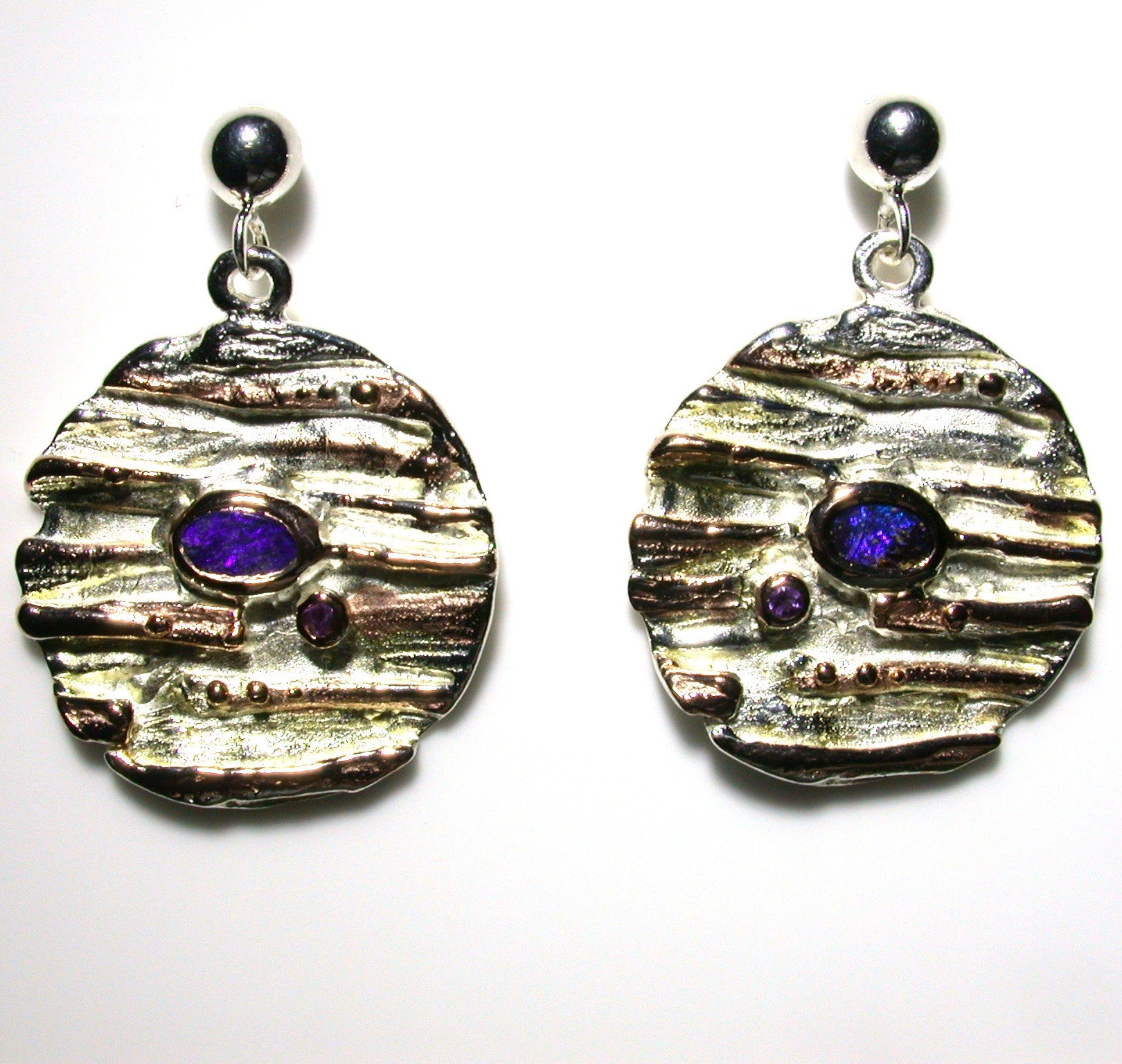 Purple , blue solid boulder opals and amethyst set in sterling silver drop earrings