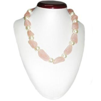 Rose Quartz and Glass Pearl Beaded Necklace