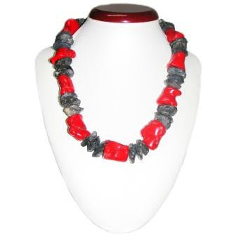 Unique Jagged Onyx and Red Coral Necklace
